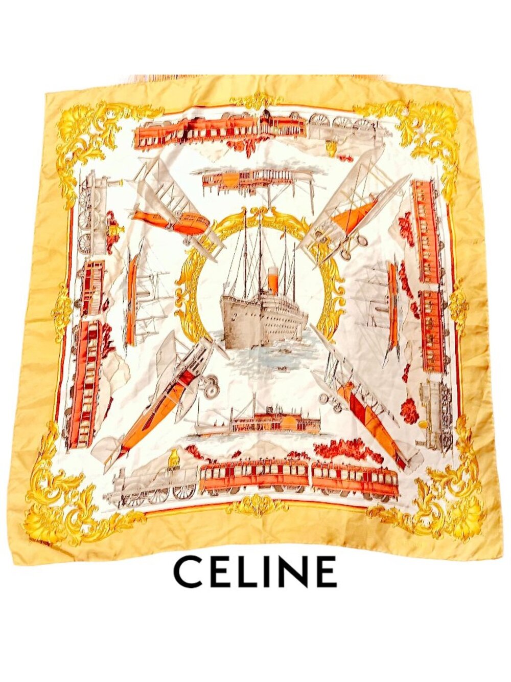 Vintage 80s collectible CELINE Paris 100% Silk Scarf, Transportation Motif, 87cm